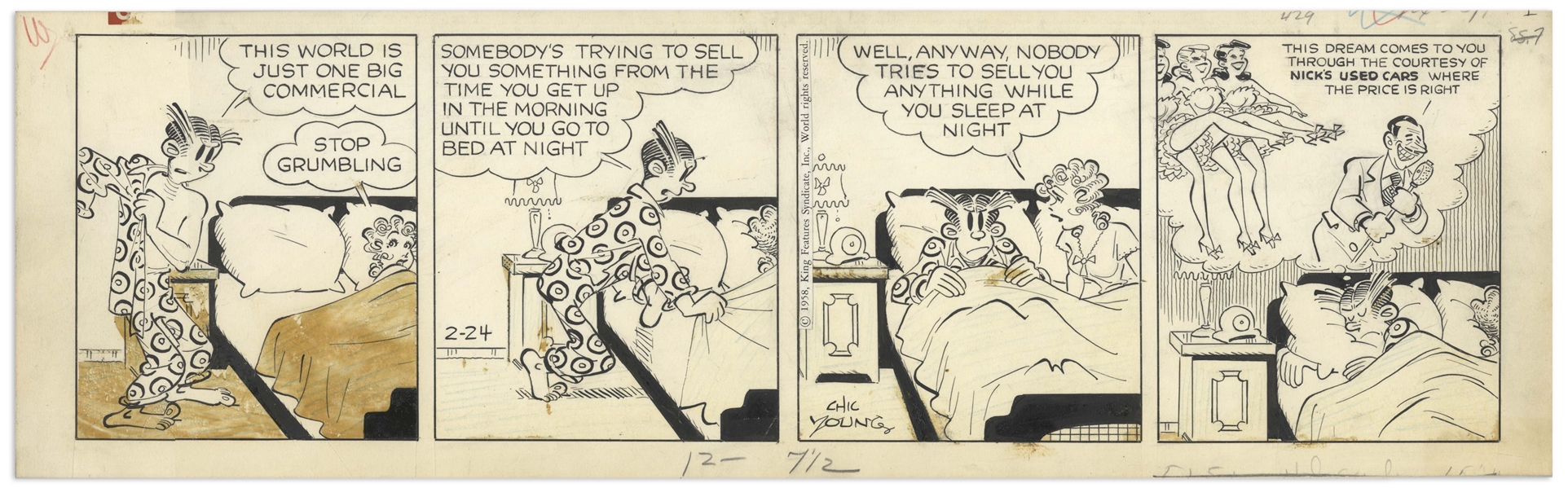 Chic Young Hand-Drawn ''Blondie'' Comic Strip From 1958 Titled ''The Price Is Right'' -- Dagwood Bemoans Commercialism